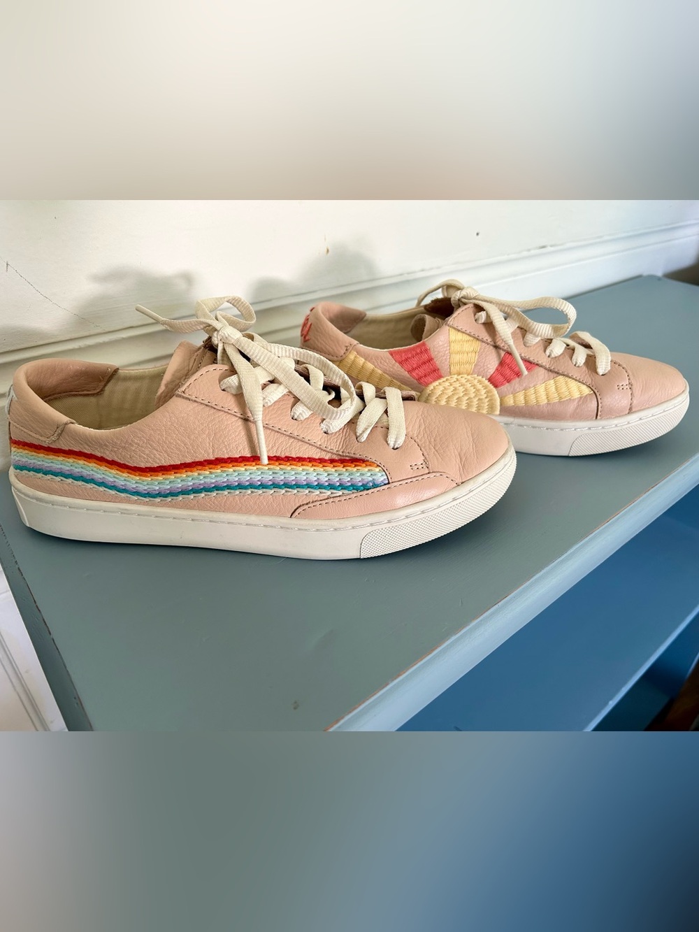 Soludos Pink Leather Sneakers with Rainbow Embroidered Stripe